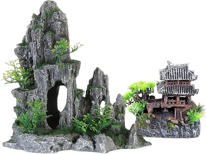 Extra Large Aquarium Decorations kit - “Ancient Temple in The Mountain”, Japanese Aquarium Decorations Resin Aquarium Castle Decorations Aquarium Mountain View Stone