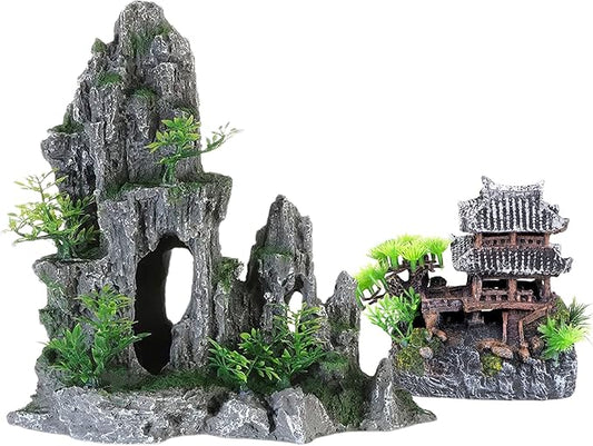Extra Large Aquarium Decorations kit - “Ancient Temple in The Mountain”, Japanese Aquarium Decorations Resin Aquarium Castle Decorations Aquarium Mountain View Stone