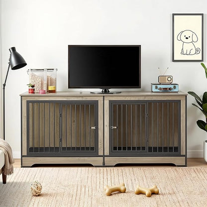 Rovibek 75" Double Dog Crate Furniture for 2 Large Dogs, Heavy Duty Furniture Style Dog Kennel End Table, Wood Crates for Dogs Kennel Indoor Double Door, Brown