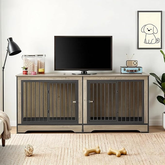 Rovibek 75" Double Dog Crate Furniture for 2 Large Dogs, Heavy Duty Furniture Style Dog Kennel End Table, Wood Crates for Dogs Kennel Indoor Double Door, Brown