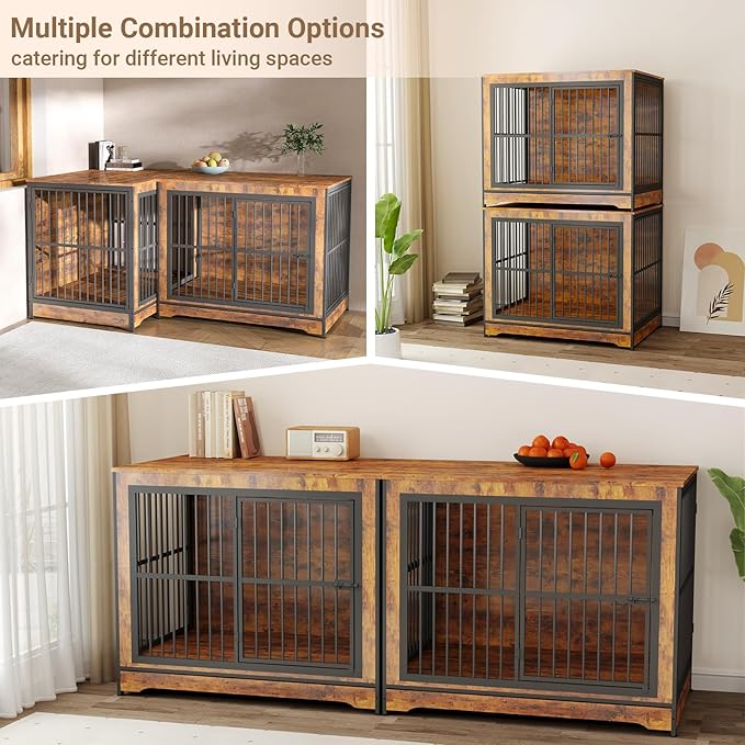 Rovibek 86 Inch Double Dog Crate Furniture, Wooden Dog Crate Furniture with Removable Divider & Trays, Decorative Dog Kennels for 2 Dogs Indoor with Three Doors, Rustic Brown