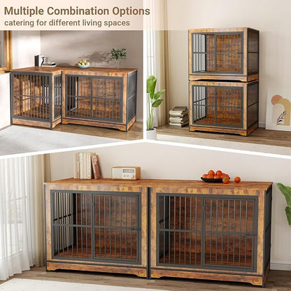 Rovibek 86 Inch Double Dog Crate Furniture, Wooden Dog Crate Furniture with Removable Divider & Trays, Decorative Dog Kennels for 2 Dogs Indoor with Three Doors, Rustic Brown