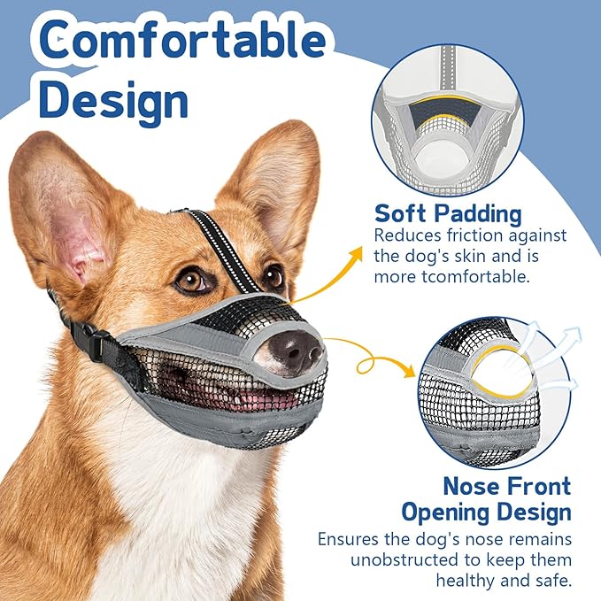 Dog Muzzle for Large Medium Small Dogs, Soft Mesh Muzzle for Dogs with Reflective Adjustable Strap, Prevent Biting Chewing and Licking, Dog Nose Open Design for Reduction Friction (Grey, XS)