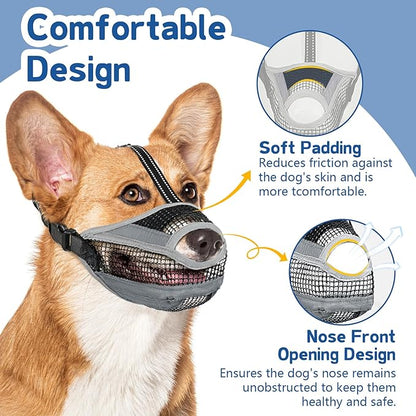 Dog Muzzle for Large Medium Small Dogs, Soft Mesh Muzzle for Dogs with Reflective Adjustable Strap, Prevent Biting Chewing and Licking, Dog Nose Open Design for Reduction Friction (Grey, XL)