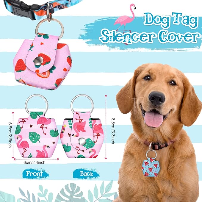 6 Pieces Dog Tag Holder Portable Pet ID Tag Soundless Dog Tag Silencer Bag Dog Tag Cover with Rings Quiet Dog Tag Bag Protector for Dogs Cats Pets (Summer Style)