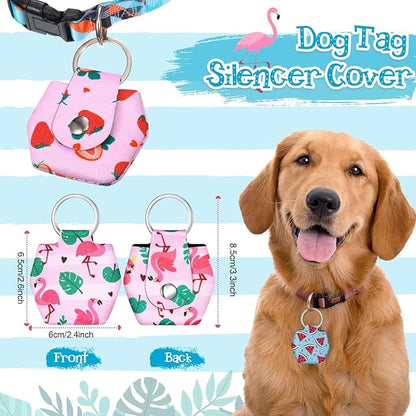 6 Pieces Dog Tag Holder Portable Pet ID Tag Soundless Dog Tag Silencer Bag Dog Tag Cover with Rings Quiet Dog Tag Bag Protector for Dogs Cats Pets (Summer Style)