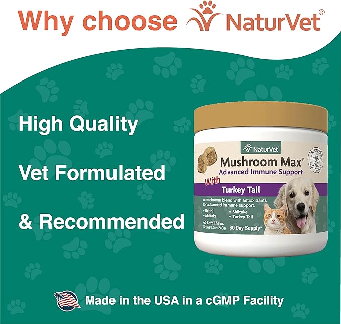 NaturVet Mushroom Max Advanced Immune Support Dog Supplement  Helps Strengthen Immunity, Overall Health for Dogs  Includes Shitake Mushrooms, Reishi, Turkey Tail  60 Ct.