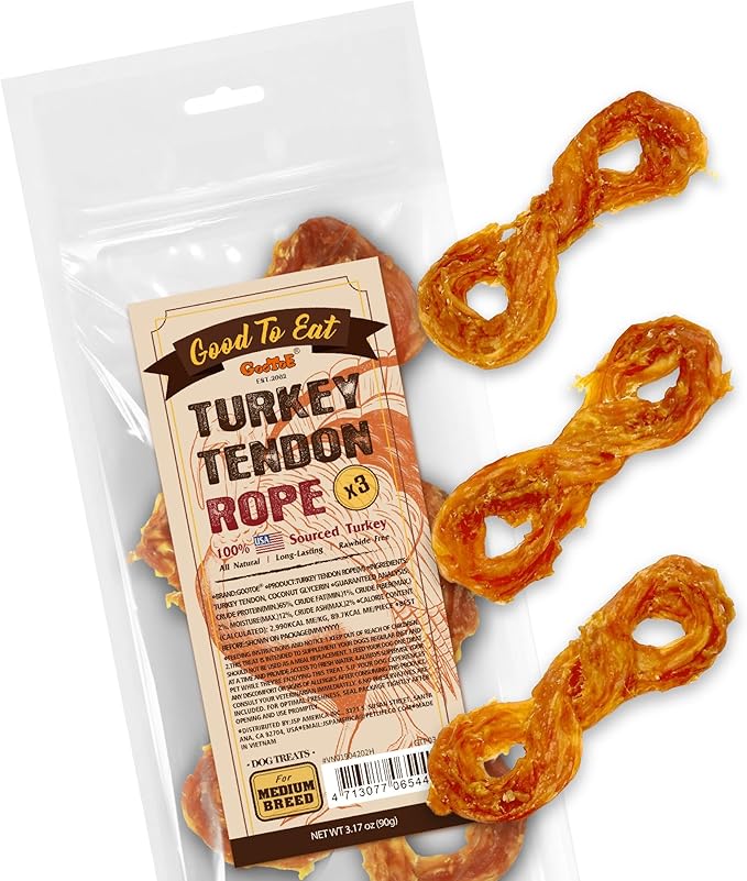Gootoe Turkey Tendon Dog Treats, Rope (M) 3.17 oz, 100% USA Sourced Turkey, Natural Snack, Premium Puppy Chews, Hypoallergenic, Reseal Value Bags, Size for Medium Dogs
