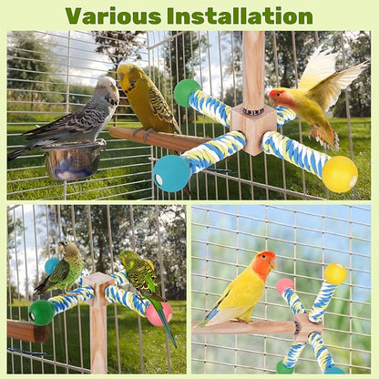 Bird Perch Toy, Parrot 360° Interactive Rotating Toy for Parakeets - Natural Wood & Cotton Rope, Detachable Interactive Bird Toy, Chewable Design Reduces Boredom Anxiety for Small Birds
