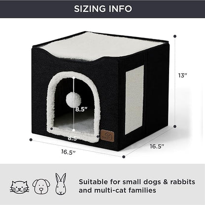 Bedsure Cat Beds for Indoor Cats - Large Cat Cave for Pet Cat House with Fluffy Ball Hanging and Scratch Pad, Foldable Cat Hideaway, 16.5x16.5x13 inches, Black