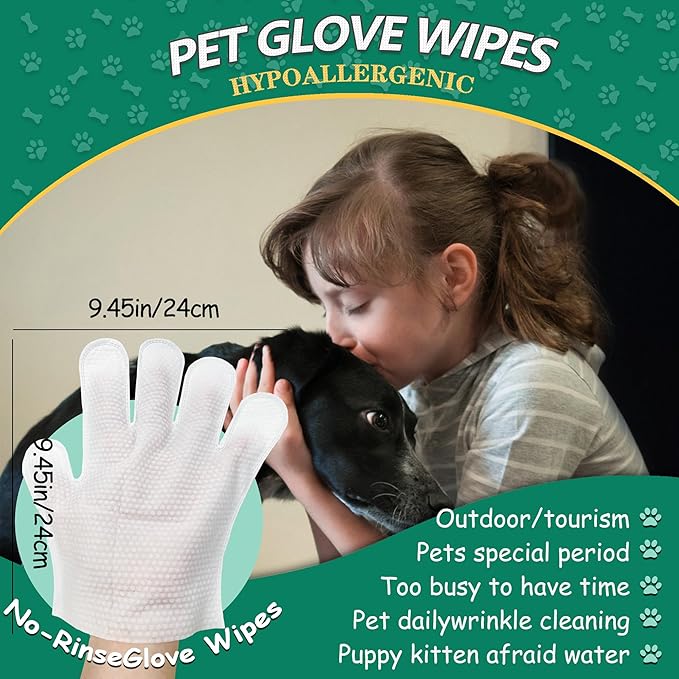 20 PCS Pet Cleaning and Deodorizing Bathing Grooming Glove Wipes for Dogs and Cats, Extra Thick Nourish Fur No-Rinse Grooming Wipes for Daily Care and Travel, Hypoallergenic