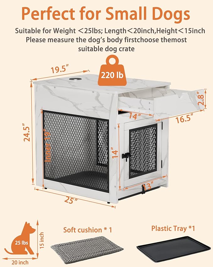 Piskyet Dog Crate Furniture,Wooden Dog Crate End Table with Storage Drawer&Cushion&Tray, QC3.0 Wireless Charging,Dual USB,Small Dogs Marble White