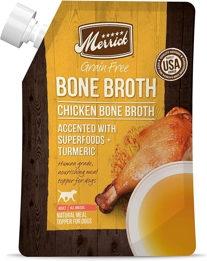 Merrick Grain Free Bone Broth, Premium Human Grade And Gluten Free Dog And Cat Food Topper Pouches, Chicken - 16 oz. Pouch