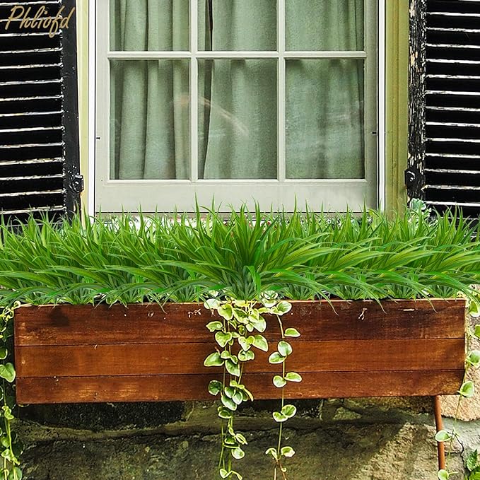 16Pcs Artificial Grass Fake Plants 17.3in 16 Leaves Outdoor Fake Grass UV Resistant Greenery Plastic Plants for Home Window Garden Patio Hanging Planter Pathway Front Porch Décor Green