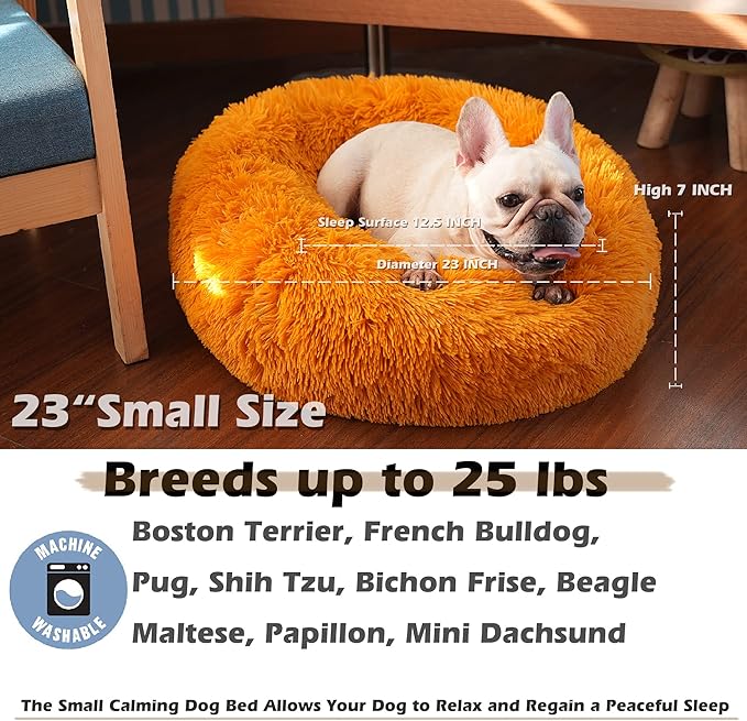 Dog Bed for Calming Dog 23 Inches Orange Anti-Anxiety Donut Puppy Bed for Small Medium Dogs Washable Fuzzy Dog Bed Fits up to 25 lbs Pets Beds for Small Dog