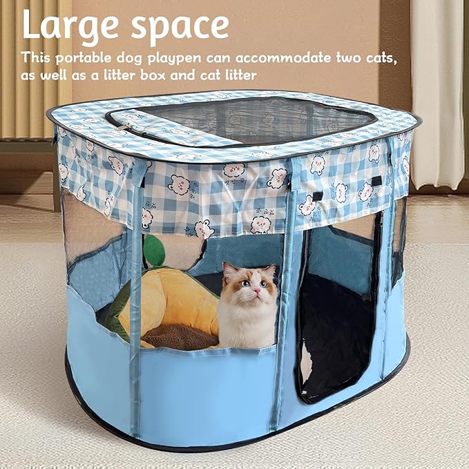 Portable Pet Playpen, Foldable Collapsible Cats Exercise Enclosure Kennel Tents Cat Delivery Isolation Room Dog Crates House Great for Indoor Outdoor Travel Use Pets Kitten Rabbit(Small,Blue)