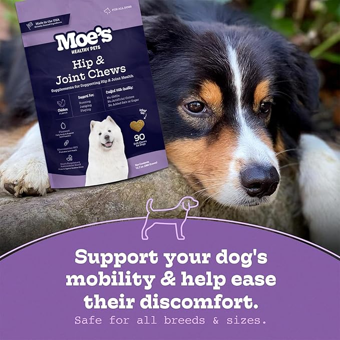 Moe_ Dog Joint Supplement 90 Soft Chews  Glucosamine, Chondroitin & Hyaluronic Acid with Vitamins C & E  Advanced Hip and Joint Support for Dogs  Ideal for Bone Health & Joint Pain Relief