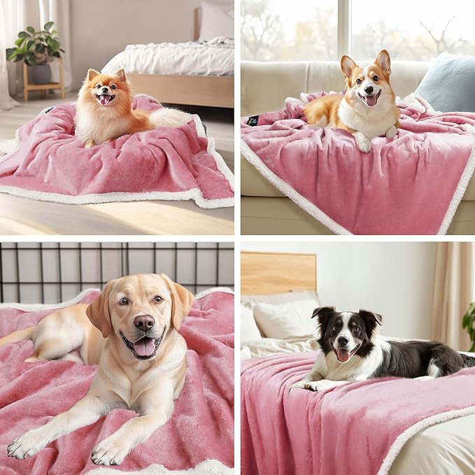 Luciphia Waterproof Bed Blanket Washable,Soft Sherpa Fleece Puppy Reversible Throw Blankets for Medium Large Dog Cat,Furniture Cover Protector Couch from Liquid Pee and Pet Fur,Pink White,85" x 57"