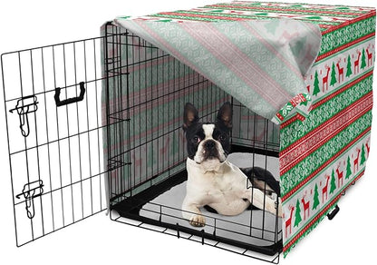 Ambesonne Christmas Dog Crate Cover, Knit Style Graphic Reindeer Star and Snowflake Holiday Family Theme, Easy to Use Pet Kennel Cover for Small Dogs Puppies Kittens, 18 Inch, White Green