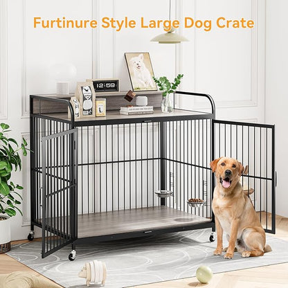 48" L X 30" W X 44.3" H Dog Crate Furniture, Dog Crate Indoor with Adjustable Height Bowls, Wooden Heavy Duty, 48 Inch Dog Kennel Furniture for Large Dogs,Grey