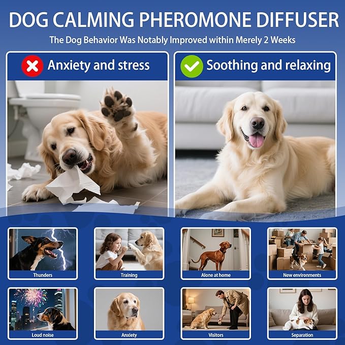 Dog Pheromone Calming Diffuser: Relaxing Pheromone Diffuser for Dogs Relief Stress Anxiety Fighting Scratching Barking, Dog Calming Pheromone Diffuser Kit with 1 Plug in Diffuser+2 Refill 48ml (3in1)