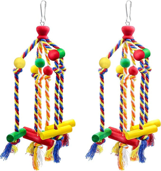 2 Pack Dangly Rope Bird Toys, Parakeet & Conure Toys with Multicolored Natural Wood, Chewing Toy Hanging Bird Cage Accessories for Parakeet Conure Cockatiel Parrot Lovebird