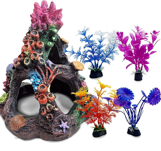 PINVNBY 5 PCS Colorful Coral Fish Tank Decorations, Resin Mountain Ornament and Artificial Plastic Plant for Goldfish Betta Fish Cave Hideout Sleep Rest Play Breed