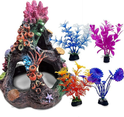 PINVNBY 5 PCS Colorful Coral Fish Tank Decorations, Resin Mountain Ornament and Artificial Plastic Plant for Goldfish Betta Fish Cave Hideout Sleep Rest Play Breed