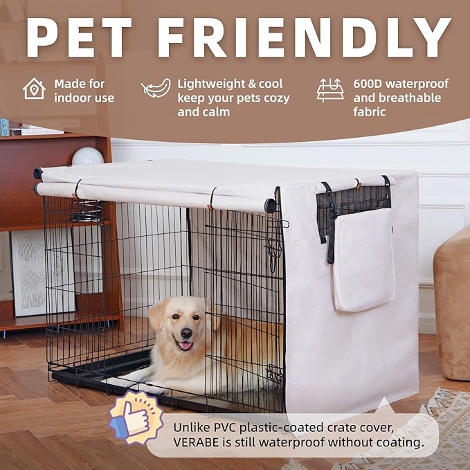 600D Dog Crate Cover, Waterproof Pet Kennel Cover with Storage Bag Fit for 30 Inch Wire Crate Dog Cage, 30 Inches, Beige