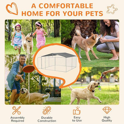 PawHut Large Dog Kennel Outside, Heavy Duty Dog Cage with Waterproof Cover, Outdoor Fence Dog Run with Galvanized Chain Link, Secure Lock, 13' x 13' x 7.5'