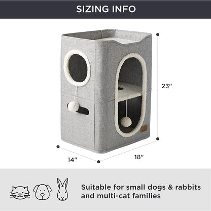 Bedsure 2 Story Cat House - Cat Condos for Indoor Cats with Scratch Pad and Fluffy Ball Hanging, Small Pet Cave Furniture Hideaway for Multi Pets, 18x14x23 inches, Grey