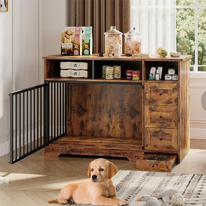 Dog Crate Furniture for Small Dogs, Wooden Dog Kennel Indoor with Storage Shelves, 3 Drawers & Hidden Bowl, Modern Pet Cage Side End Table, up to 120 lb, 48" L, Steel Lock, Retro Brown