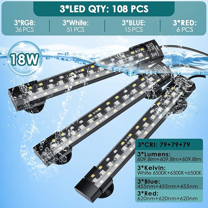 hygger Dual-Channel Controller Submersible Aquarium LED Light, 24/7 Mode Full Spectrum Hidden Fish Tank Light with 3 Rows Beads 7 Colors Auto On Off, Adjustable Timer Brightness (3)