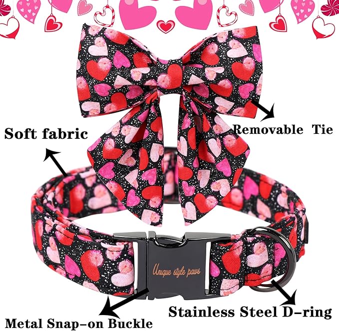Unique Style Paws Valentine's Day Dog Collar with Bow Colorful Heart Love Dog Collars for Small Medium Large Dog New (S, Black Bowtie)