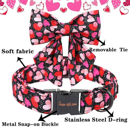 Unique Style Paws Valentine's Day Dog Collar with Bow Colorful Heart Love Dog Collars for Small Medium Large Dog New (XL, Black Bowtie)