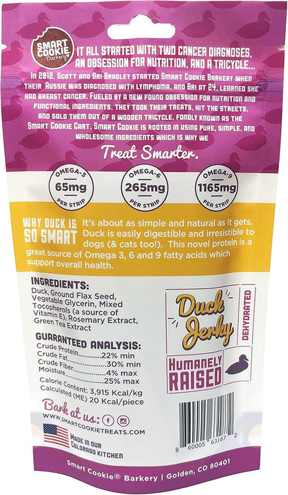 Smart Cookie Duck Jerky Dog Treats with Flax Seed, Omega Oils- Hypoallergenic Strips for Dogs and Puppies with Allergies, Sensitive Stomachs - Dehydrated, Grain Free, Made in USA - 3oz Bag, Pack of 1