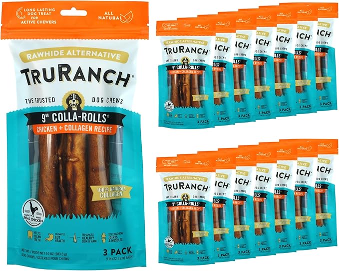 TRURANCH Collagen Rolls - 9" Collagen Rolls for Dogs - Long Lasting Healthy Joint Support - Rawhide Alternative - Skin & Coat Health - Made with Real Chicken, Value Pack, 15 Bags, 45 Count