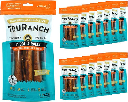 TRURANCH Collagen Rolls - 9" Collagen Rolls for Dogs - Long Lasting Healthy Joint Support - Rawhide Alternative - Skin & Coat Health - Made with Real Chicken, Value Pack, 15 Bags, 45 Count