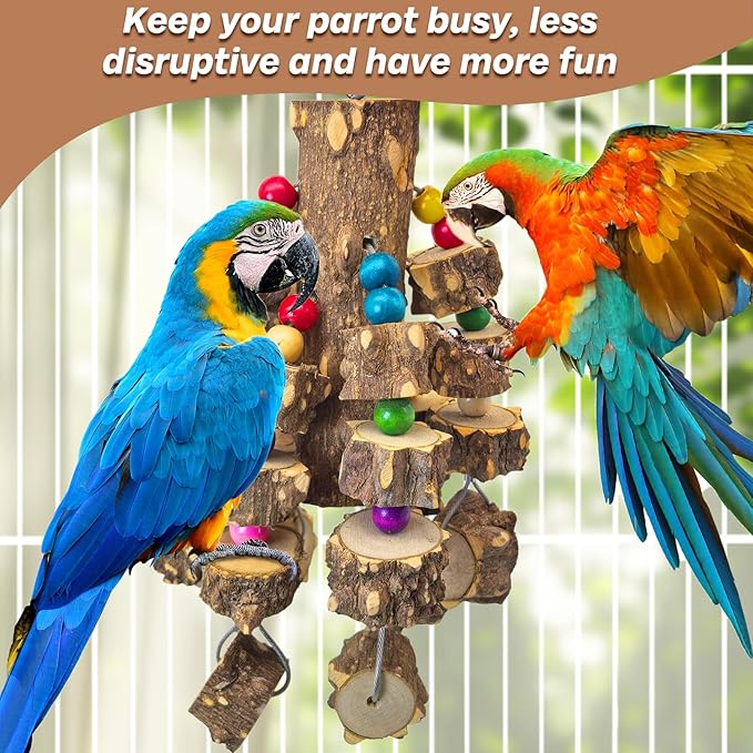 PINVNBY Large Bird Parrot Toys, Natural Wooden Blocks Chew Toy, Durable Cage Bite for African Grey Cockatoo Macaws Cockatiels Eclectus Large Medium Parrots (Small Size, Wire Link)
