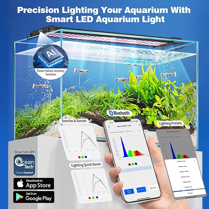 Bluetooth LED Aquarium Light with APP Control, 3 Modes for 12-18 Inch Fish Tank Light with Full Spectrum White Blue Red Green Lights, IP68 Waterproof with Extendable Brackets for Freshwater