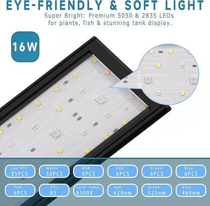 LED Aquarium Light, 24/7 Mode IP68 for Plants-Full Spectrum Fish Tank Light, 18-24 Inch, Sunrise-Daylight-Moonlight, White Blue Red Green Pink LEDs with Extendable Brackets for Freshwater