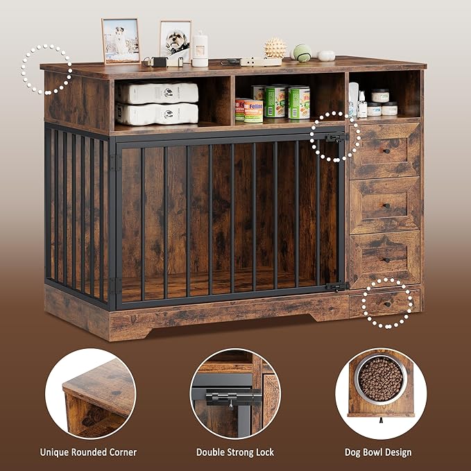 Dog Crate Furniture for Small Dogs, Wooden Dog Kennel Indoor with Storage Shelves, 3 Drawers & Hidden Bowl, Modern Pet Cage Side End Table, up to 120 lb, 48" L, Steel Lock, Retro Brown