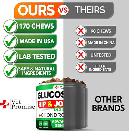 Advanced Glucosamine for Dogs - 170 Chews - Senior Hip and Joint Supplement for Dogs - Glucosamine Chondroitin - Dog Joint Health Pain Relief Pills - MSM - Mobility Support Supplement - Made in USA