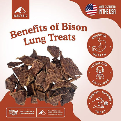 BARK'N BIG Bison Dog Treats - Single Ingredient Lung Dog Treats - Made & Sourced in USA - Dehydrated Bison, High Protein, Low Fat, Easily Digestible for Dogs with Sensitive Stomachs - 5 oz