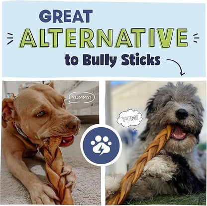 Pawstruck Natural Large 10-13 Beef Collagen Braids for Dogs - Healthy Long Lasting Alternative to Traditional Rawhide & Bully Sticks w/Chondroitin & Glucosamine - 3 Count - Packaging May Vary