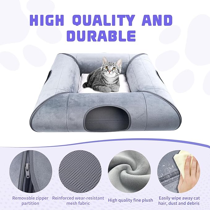 Indoor Cat Cave Bed, Sturdy and Scratch Resistant Removable Cat Tunnel Bed with Removable Soft Pad, Suitable for Small to Medium Cats (Gray)-1