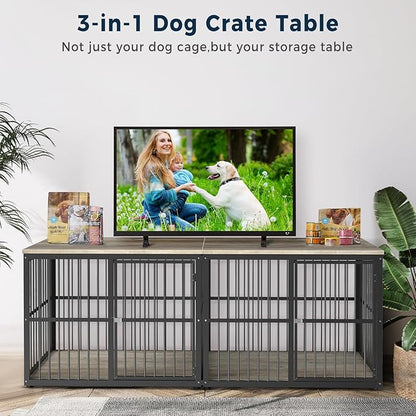 86.62''Dog Crate Furniture Large Breed TV Stand with Double Rooms,Wooden Dog Kennel Dog Crate End Table with Removable Divider for Large Medium Dogs, Can Use Separately