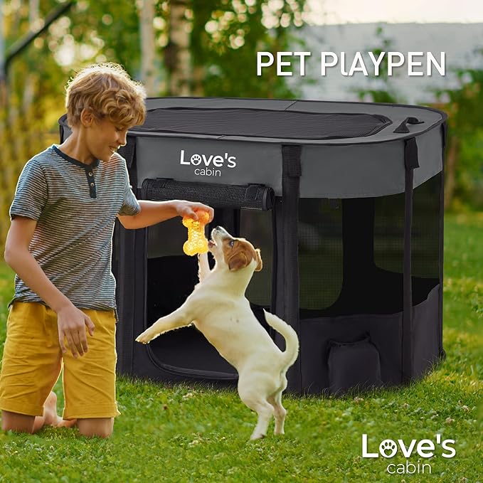 Love's cabin Pet Puppy Dog Playpen, Medium Dog Tent Crates Cage Indoor/Outdoor, Portable Exercise Playpen for Dog and Cat, Foldable Pop Up Dog Kennel Playpen with Carring Case (M, Grey)
