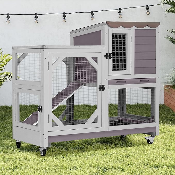 GUTINNEEN 2-Story Rabbit Hutch Indoor Bunny Cage Outdoor Guinea Pig House Wooden Small Animal Cage with Chew-Proof Ramp, Leak-Proof Tray, Lockable Wheels for 2-4 Rabbits, Guinea Pigs (Grey)