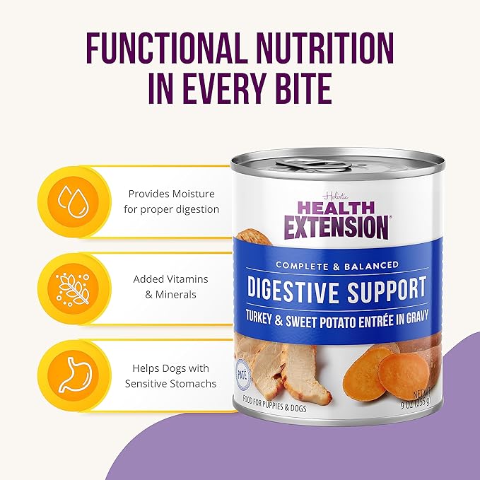 Health Extension Wet Dog Food Turkey & Sweet Potato Entrée in Gravy, 9 oz - Digestive Support with Superfoods & Antioxidants for Immune Support (Case of 12 Cans)